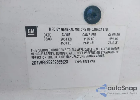 2003 Chevrolet Impala z USA, uszkodzony, nr VIN 2G1WF52E239365023